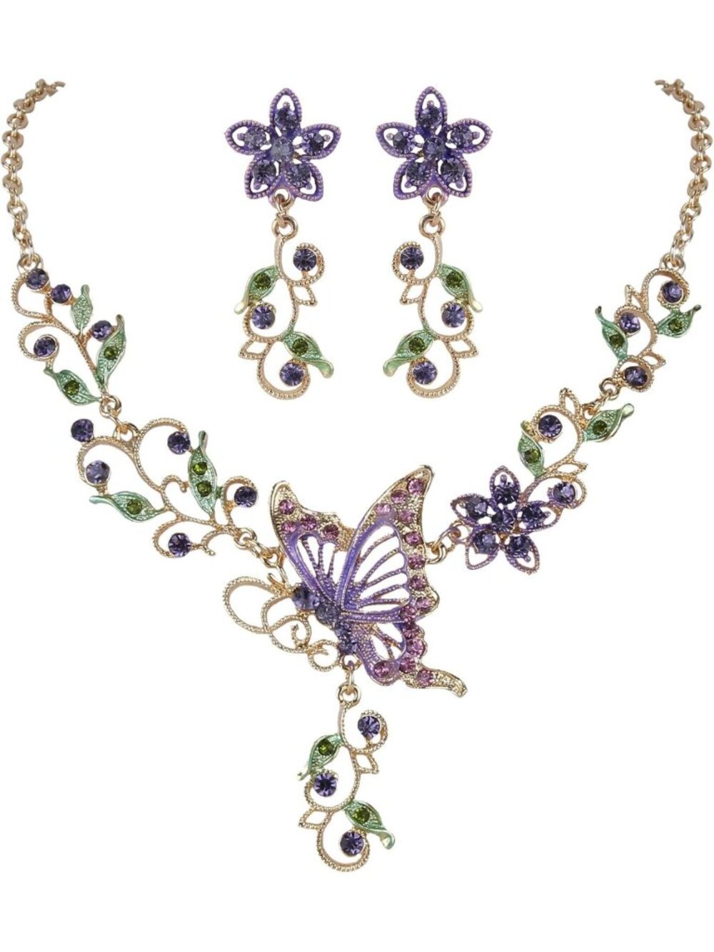 Gorgeous Crystal Butterfly Flower Leaf Necklace & Earrings Jewelry Set